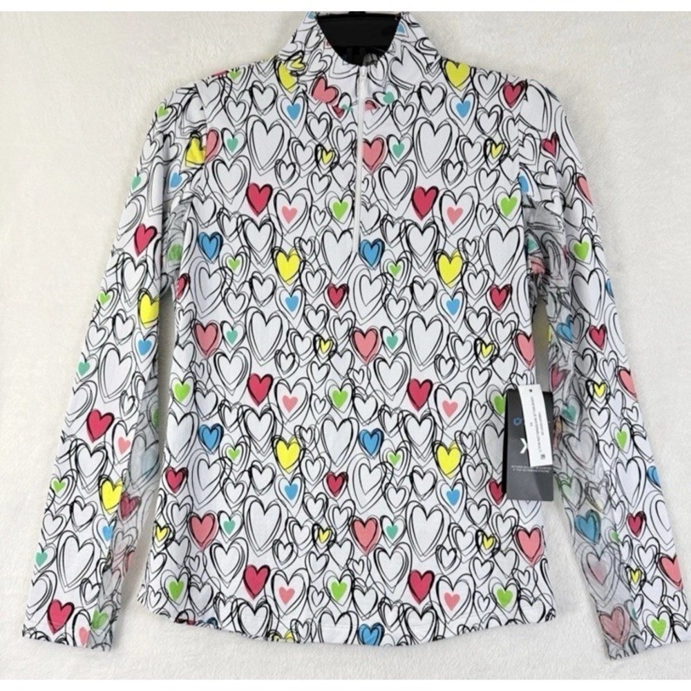 IBKUL Womens Long Sleeve Top XS 1/4 Zip Mock Neck Millie Hearts White Pink Golf